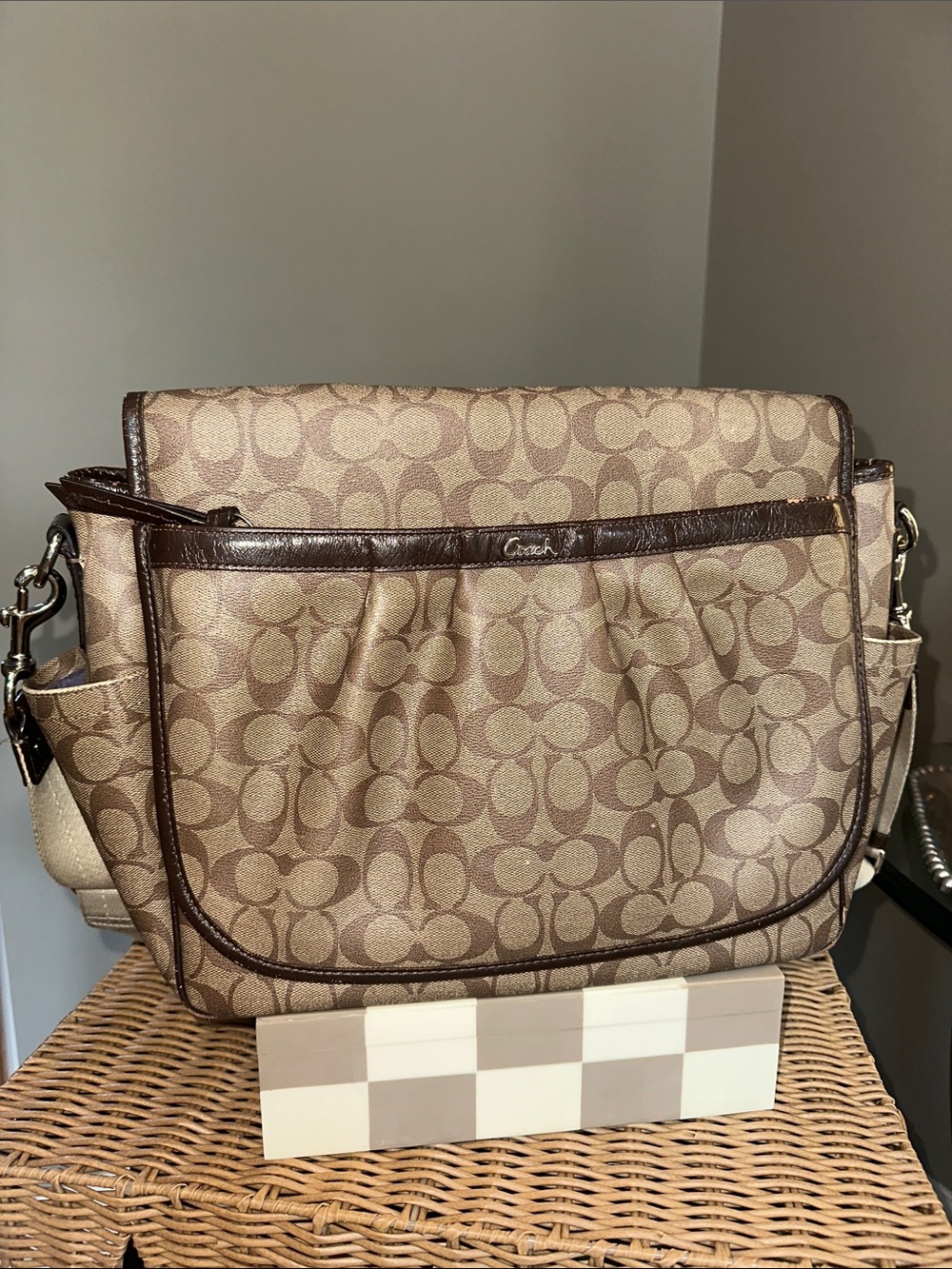 Coach Beige & Brown Signature Messenger Crossbody Baby Bag